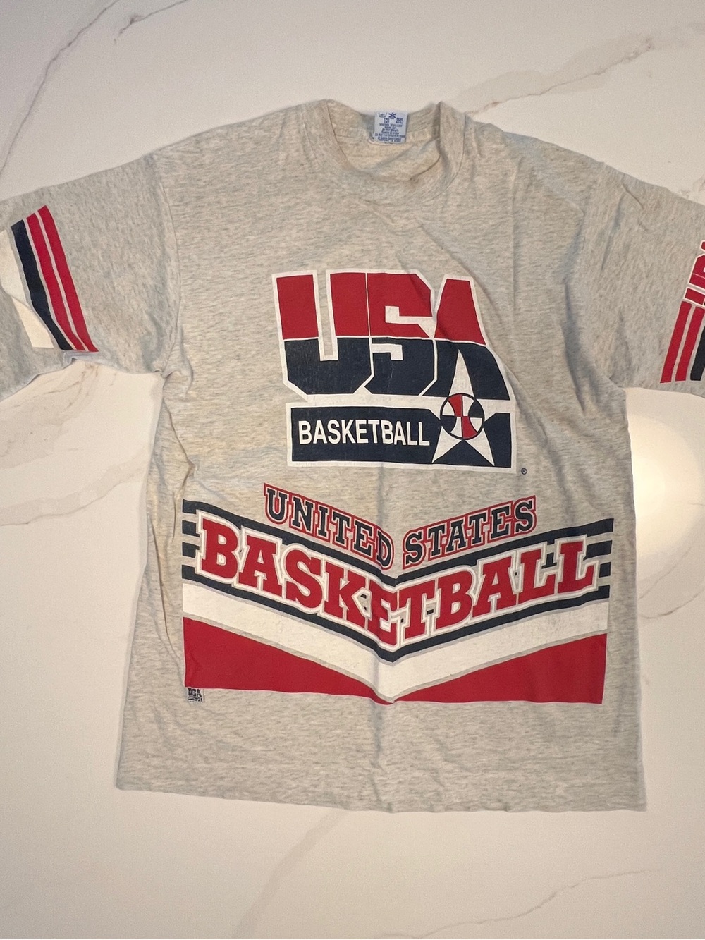 USA Basketball Mens Short-Sleeve Grey Tee - Red, Navy & White Graphic